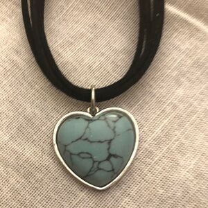 Turquoise Stone Heart Necklace, 18" black cord with blue stone pendant Valentine